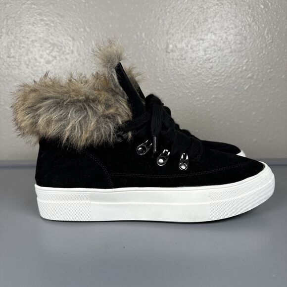 Soda Brand Women's Faux Fur Black Suede‎ Bootie Sneakers Women's Size 7 - Picture 1 of 11